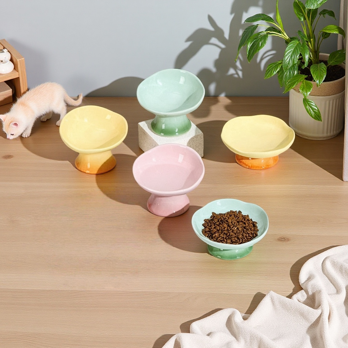 Ceramic Flower  Cat Bowl with Tall Stands Anti Tip